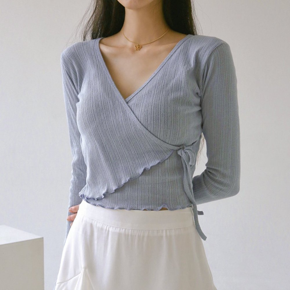 Frill Wrap Crop T (Pink) - Latest Korean Fashion